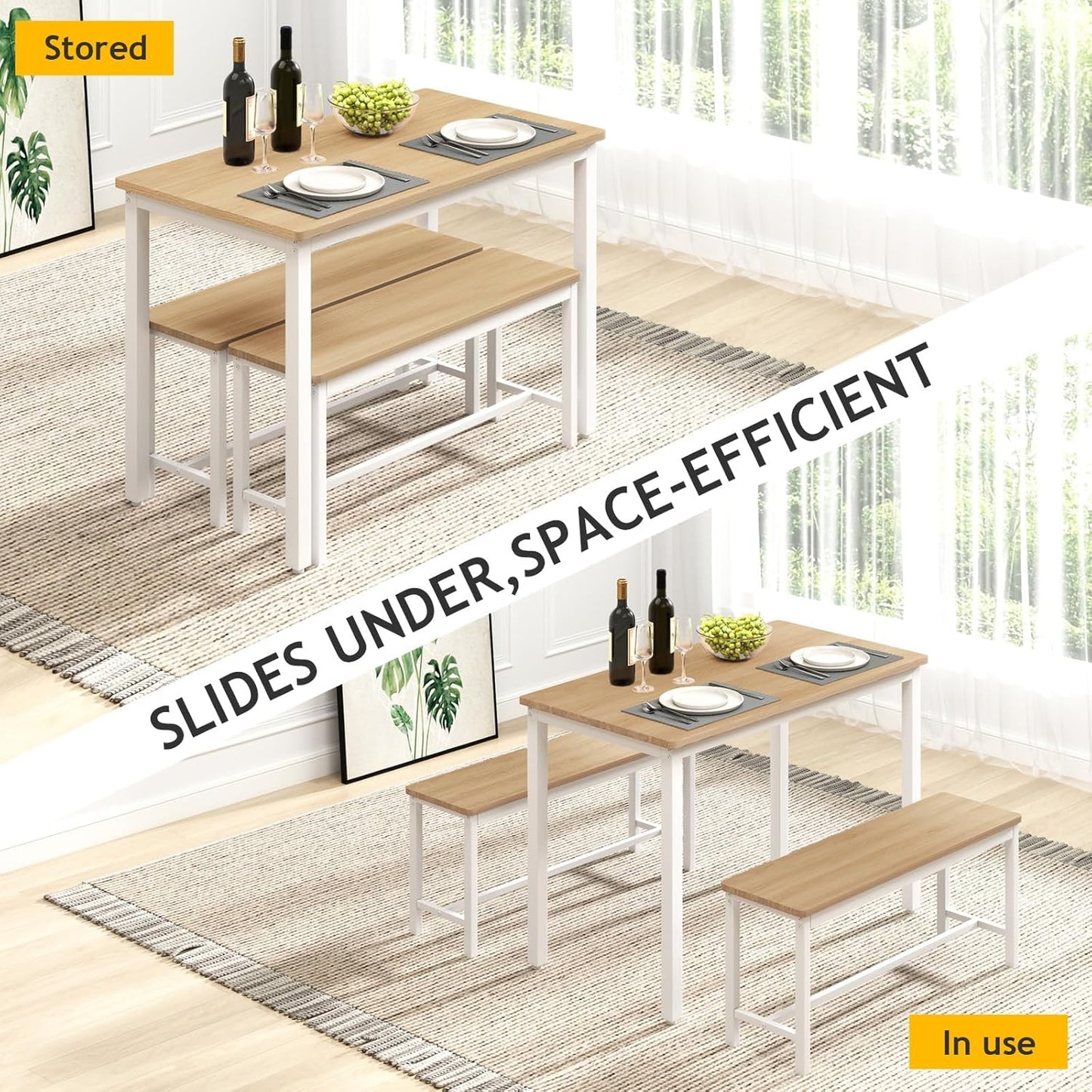 43" Dining Room Table Chairs Set for 4, Modern Space Saving Kitchen Table with 2 Benches & Adjustable Feet Breakfast Table, Wooden Industrial Style Farmhouse, White