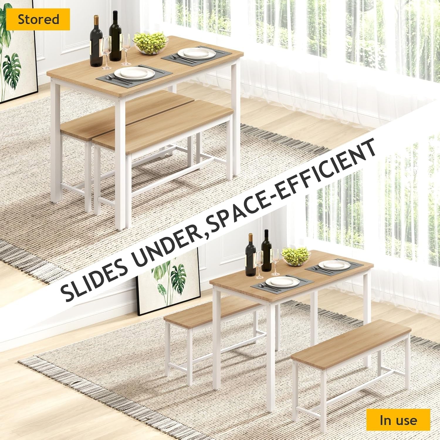 43" Dining Room Table Chairs Set for 4, Modern Space Saving Kitchen Table with 2 Benches & Adjustable Feet Breakfast Table, Wooden Industrial Style Farmhouse, White