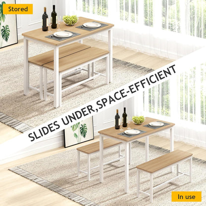 43" Dining Room Table Chairs Set for 4, Modern Space Saving Kitchen Table with 2 Benches & Adjustable Feet Breakfast Table, Wooden Industrial Style Farmhouse, White