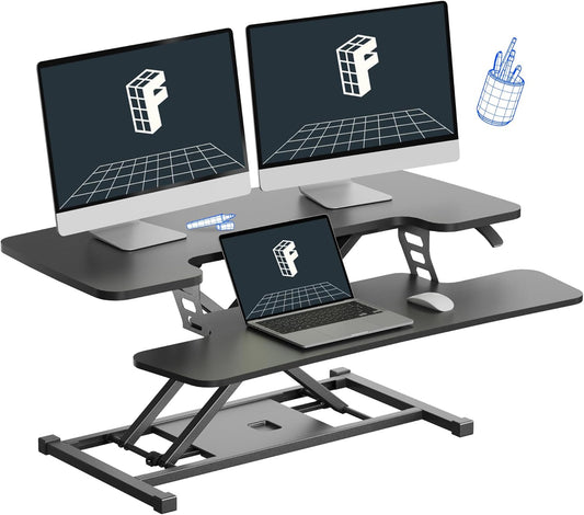 36-Inch Standing Desk Converter Height Adjustable Sit to Stand up Workstation, Dual Monitor and Laptop Riser with Wide Keyboard Tray, Black