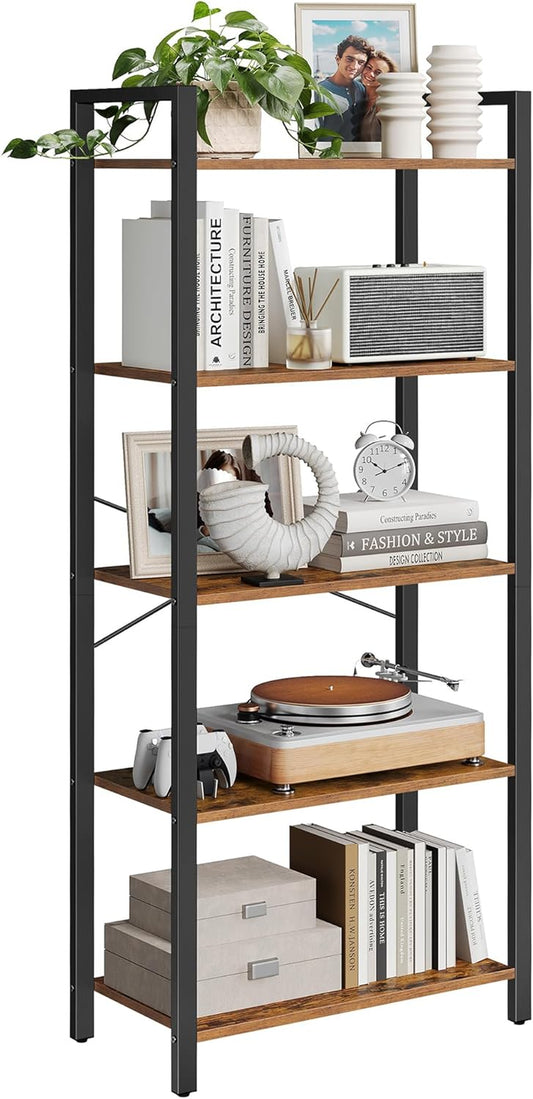 5-Tier Bookshelf, Bookcase with Steel Frame, Book Shelf for Living Room, Home Office, Study, 11.8 X 26 X 60.2 Inches, Industrial Style, Rustic Brown and Ink Black ULLS061B01