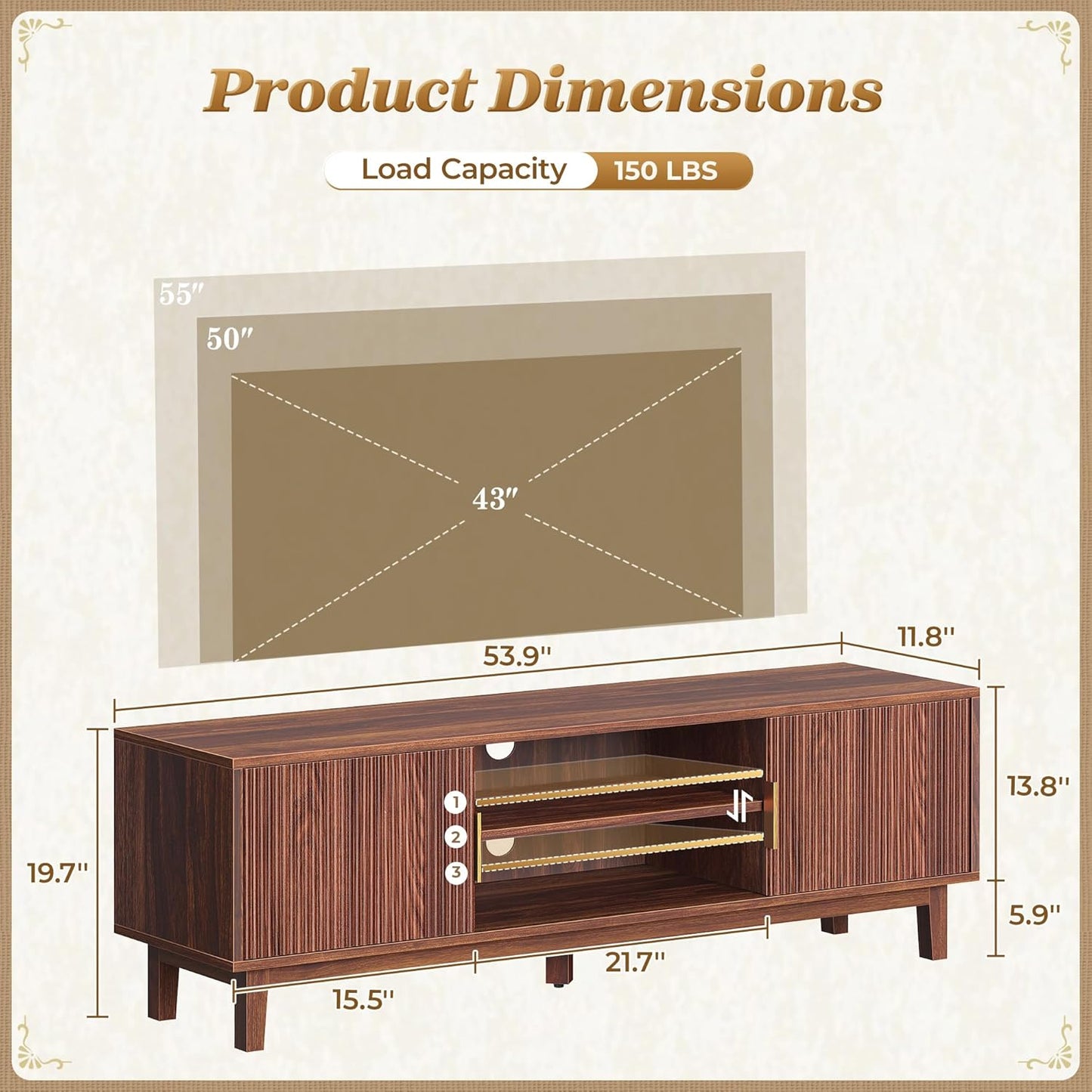 54 Inch TV Stand for 50, 55 Inch TV, Fluted Entertainment Center with 2 Cabinets, TV Consoles for Living Room, 3-Level Adjustable Shelf, 4 Cable Holes, Meida Console, Walnut
