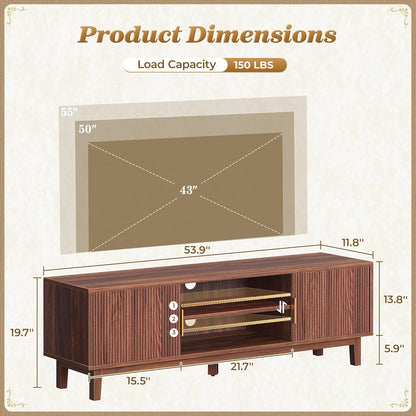 54 Inch TV Stand for 50, 55 Inch TV, Fluted Entertainment Center with 2 Cabinets, TV Consoles for Living Room, 3-Level Adjustable Shelf, 4 Cable Holes, Meida Console, Walnut