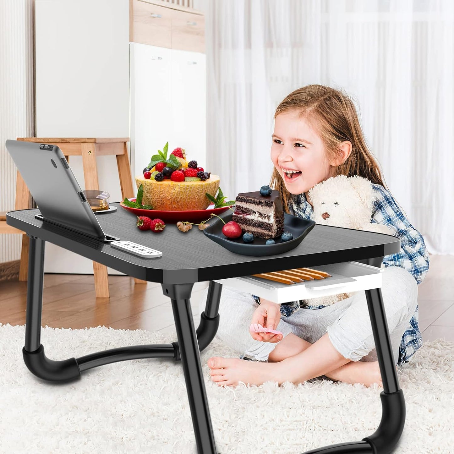 Laptop Lap Desk, Foldable Laptop Table Tray with 4 USB Ports Storage Drawer and Cup Holder, Lap Bed Desk Notebook Stand Laptray Portable Standing Table for Bed Couch Floor