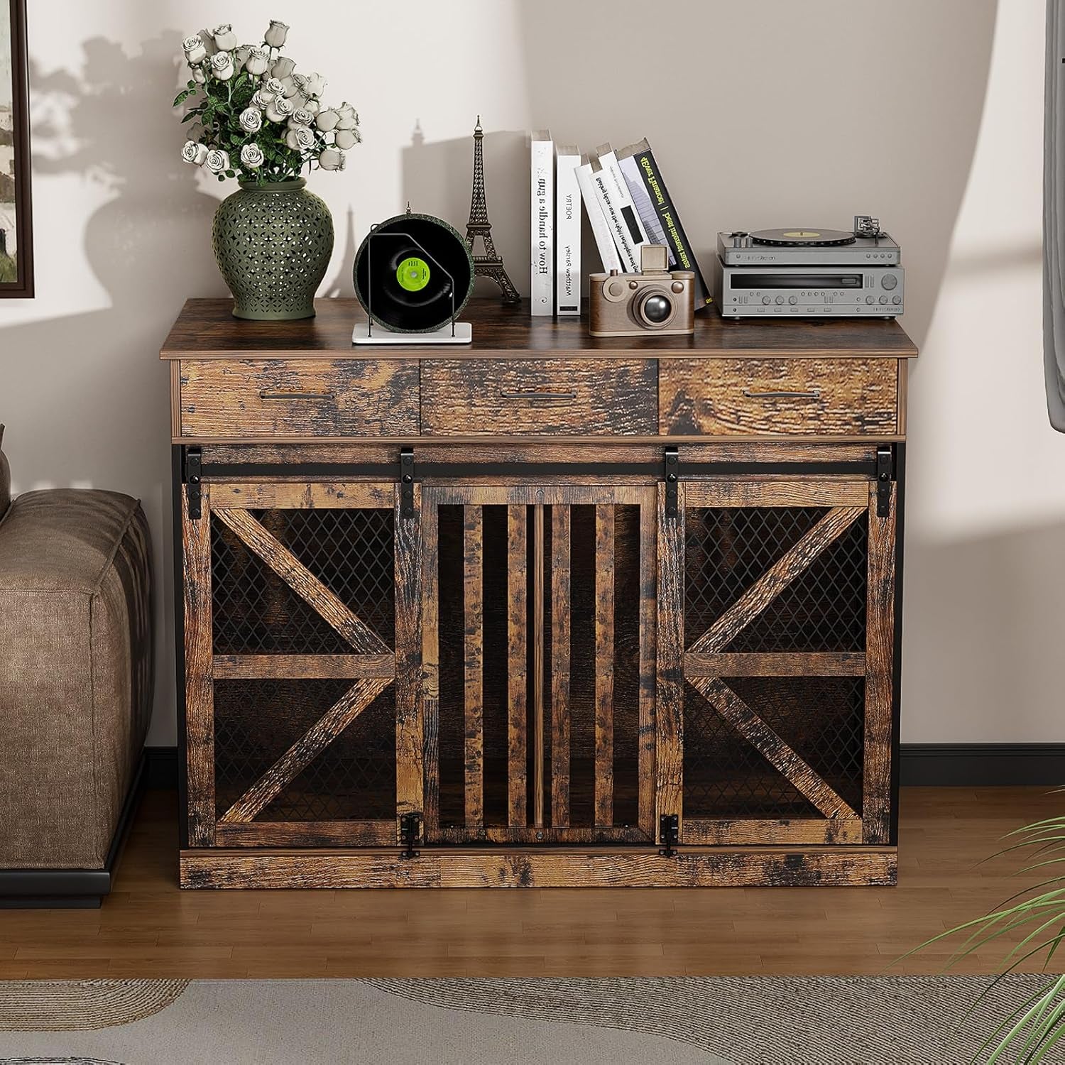 48'' Dog Crate Furniture with Removable Divider & Storage Drawers, Wooden Double Dog Cage TV Stand with 2 Sliding Barn Doors, Multi-Functional Dog Crate End Table for Indoor Use (Retro Brown)