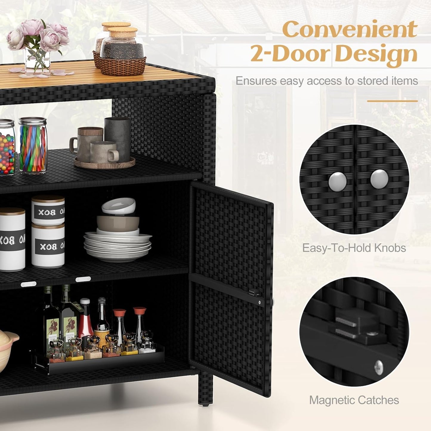 Wicker Outdoor Bar Cabinet - PE Rattan Patio Bar Table W/Acacia Wood Countertop, Open Shelf & 2 Doors, Buffet Sideboard Organizer for Garden Backyard Pool, outside Storage Cabinet (Black)