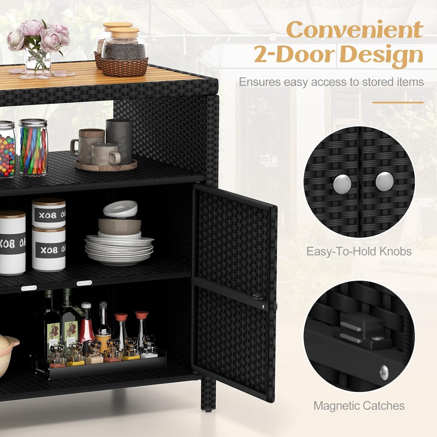 Wicker Outdoor Bar Cabinet - PE Rattan Patio Bar Table W/Acacia Wood Countertop, Open Shelf & 2 Doors, Buffet Sideboard Organizer for Garden Backyard Pool, outside Storage Cabinet (Black)