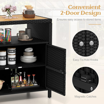 Wicker Outdoor Bar Cabinet - PE Rattan Patio Bar Table W/Acacia Wood Countertop, Open Shelf & 2 Doors, Buffet Sideboard Organizer for Garden Backyard Pool, outside Storage Cabinet (Black)