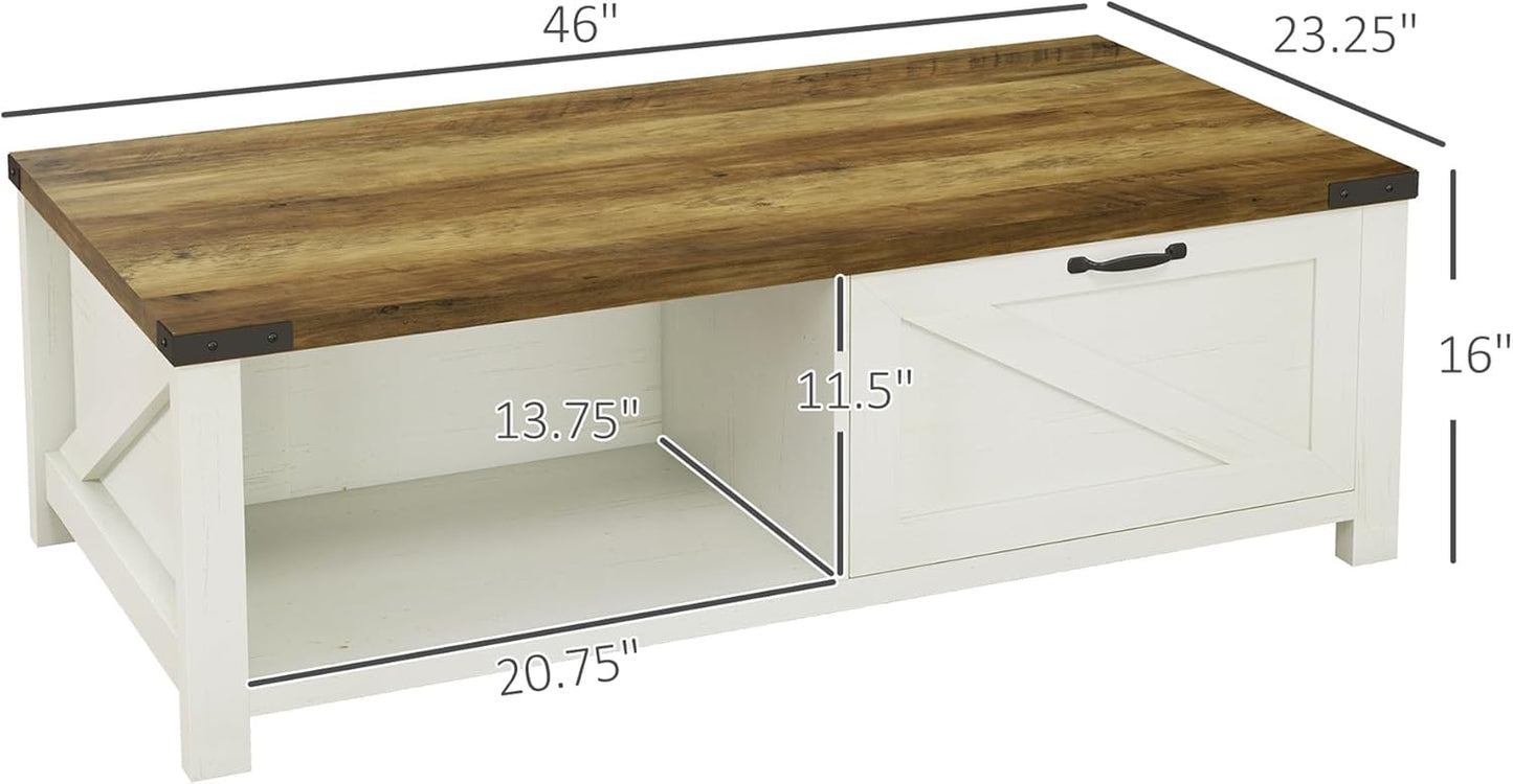 Farmhouse Coffee Table with Storage and Drawer, Rustic Coffee Table for Living Room, Open Shelf, White