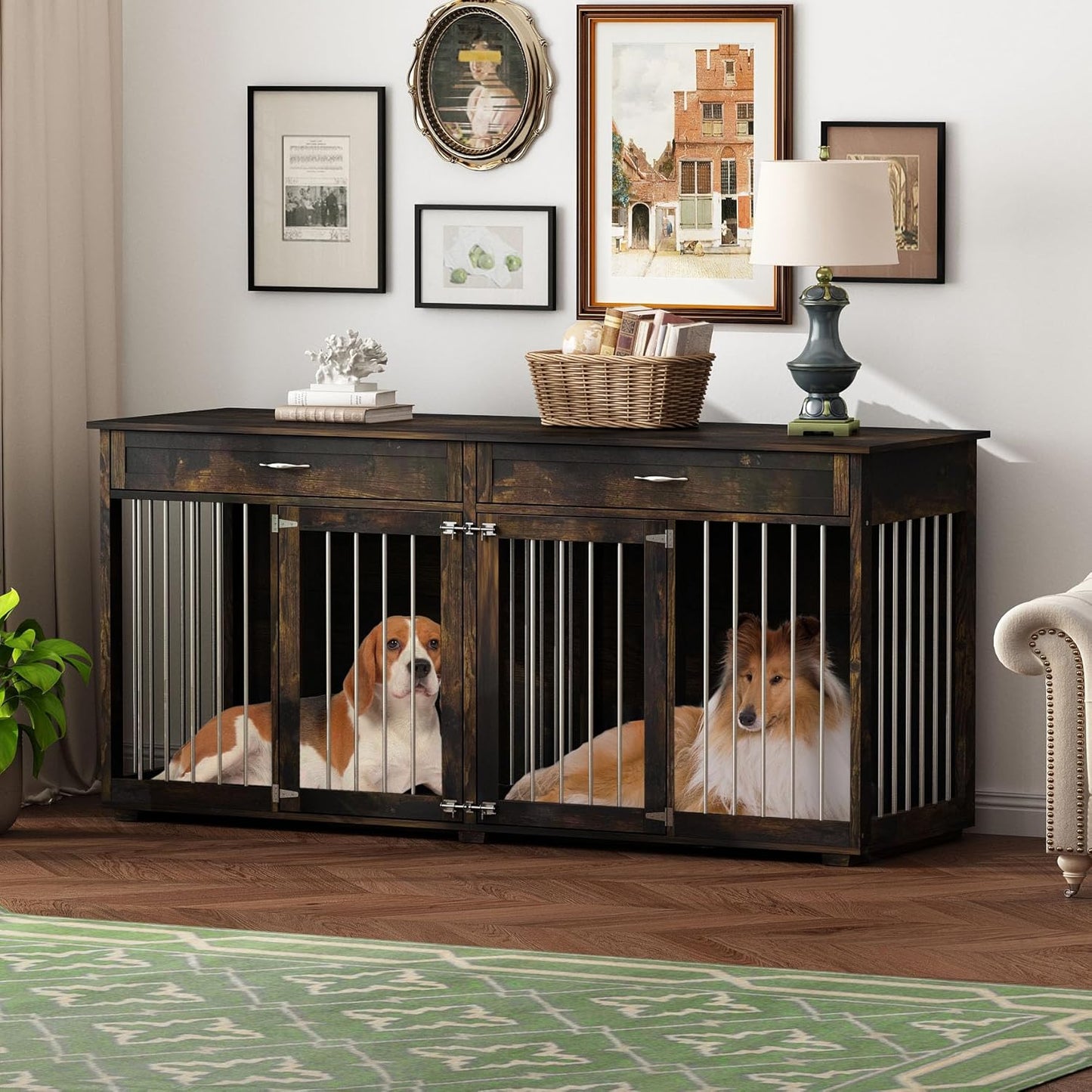 Dog Crate Furniture for Large Medium Breeds, 72" Heavy Duty Indoor Wooden Double Rooms Dog Kennel Table Cage House TV Stand with Drawers & Divider, Rustic Brown