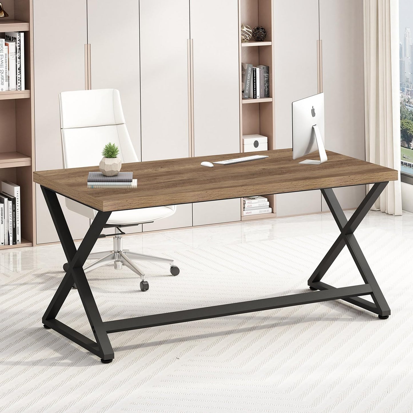 47 Inch Computer Desk, Rustic Home Office Desk for Writing, Industrial Wood Metal Executive Work Study Desk, Modern Simple PC Gaming Computer Table for Study Workstation, Rustic Oak