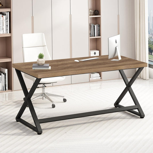 47 Inch Computer Desk, Rustic Home Office Desk for Writing, Industrial Wood Metal Executive Work Study Desk, Modern Simple PC Gaming Computer Table for Study Workstation, Rustic Oak