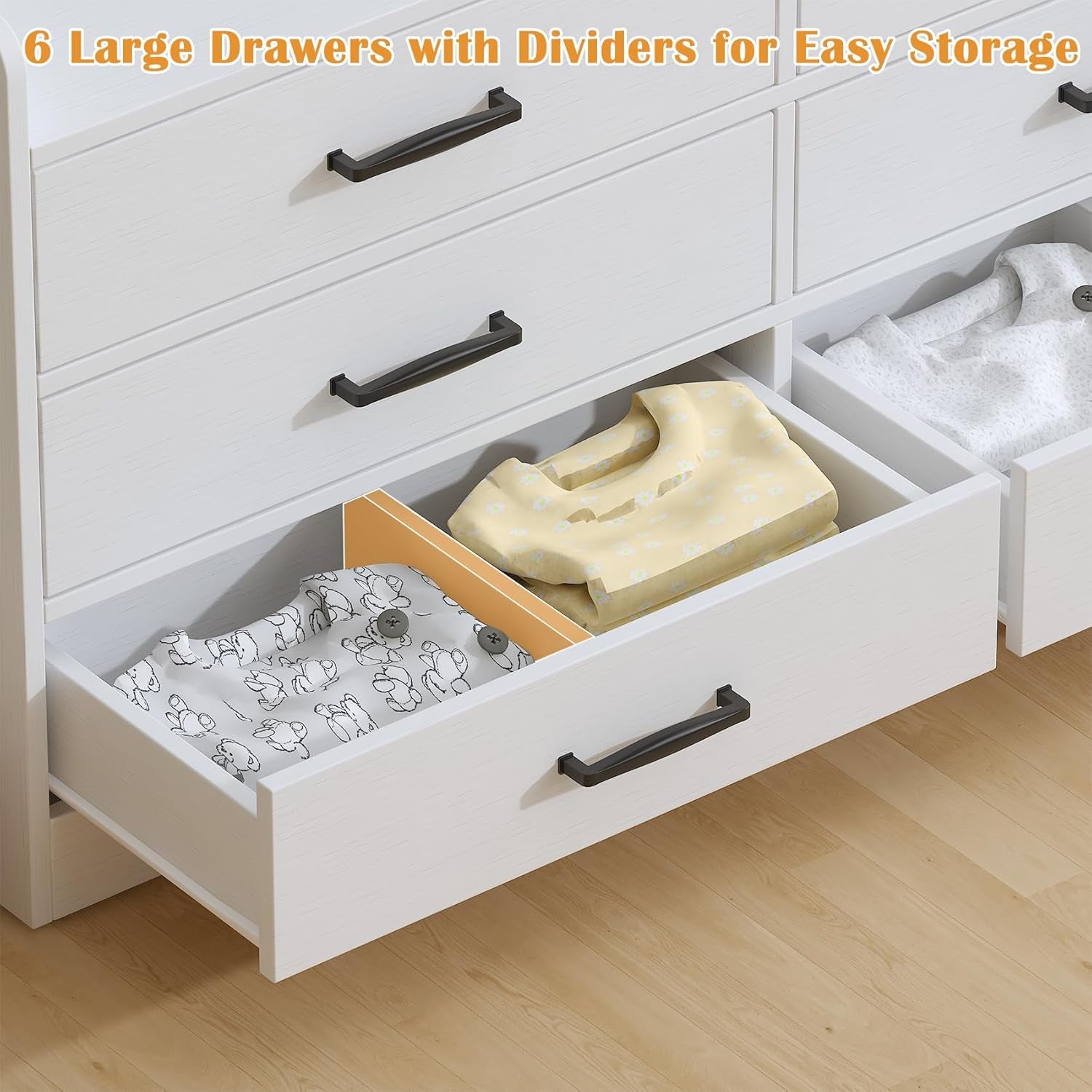 Dresser for Kids Bedroom, Kids Dresser with 6 Deep Drawers for Playroom, Wooden Storage Cabinet with Metal Handles & Anti-Dropping Fence for Toys/Clothes/Books, 15.8" D X 47.2" W X 25.2" H