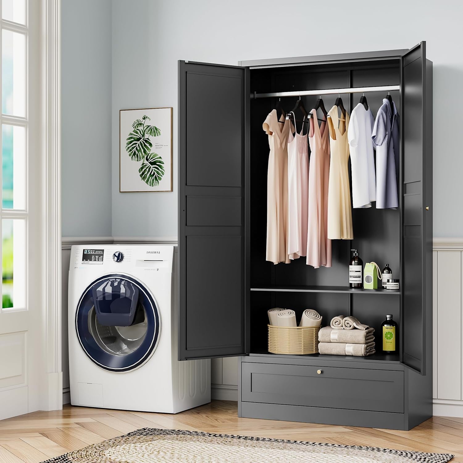 Metal Armoire Wardrobe Closet with 2 Doors 72'' Wardrobe Cabinet with Drawers and Hanging Rail Metal Closet with Adjustable Shelves for Bedroom. (Black, with 1Drawer)