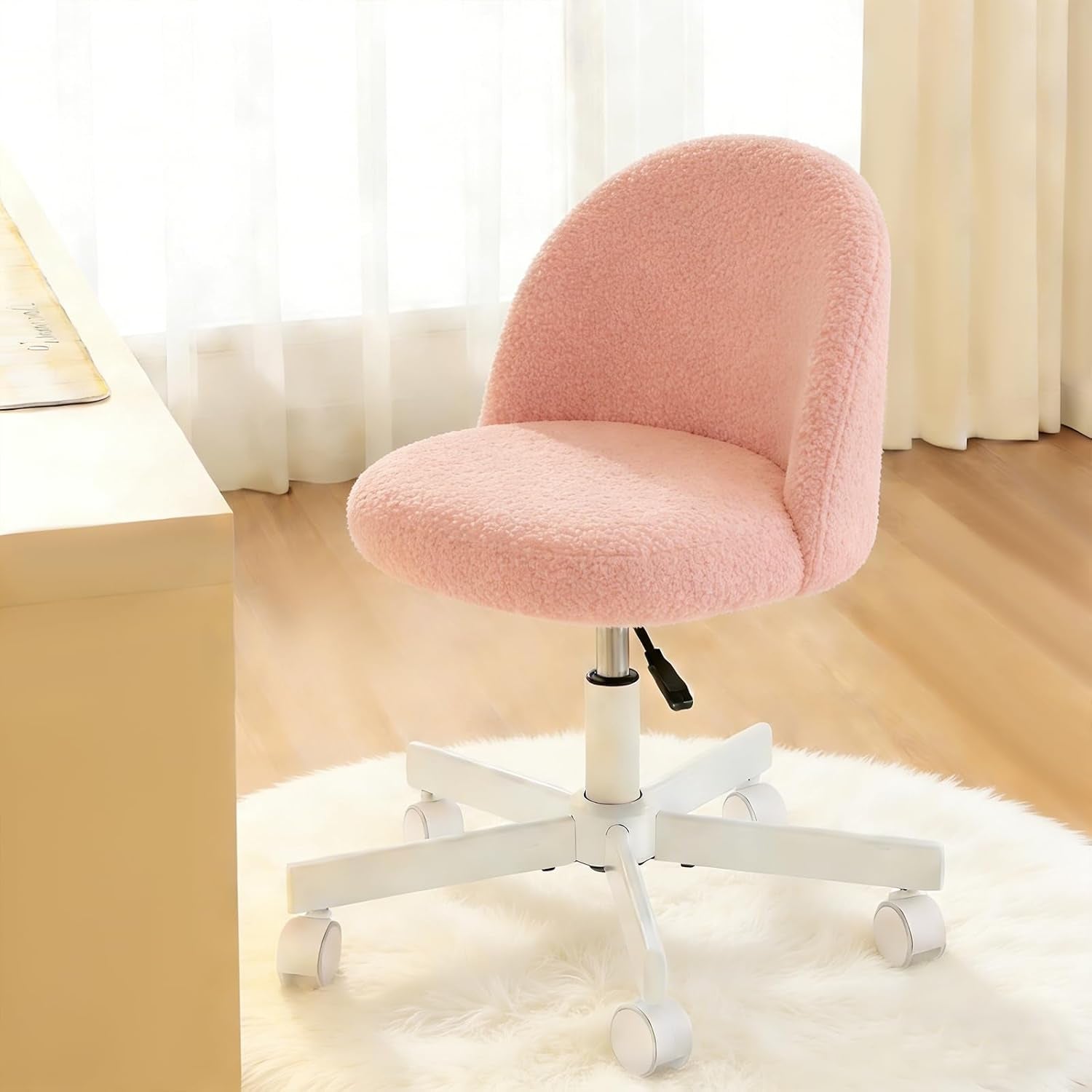 Pink Vanity Chair with Wheels - Swivel Makeup Chair Small Computer Chair with Back Adjustable Height Desk Chair for Girl & Woman, Cozy Fuzzy Velvet Chair for Bedroom & Home Office