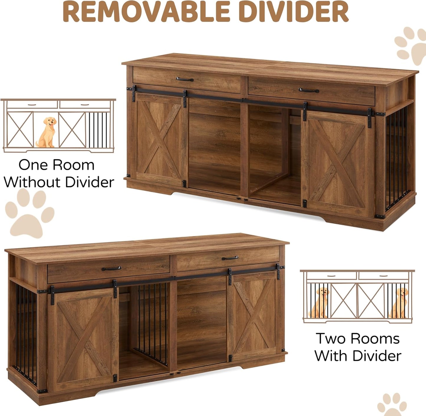 72.5" Extra Large Furniture Style Double Dog Crates for Large Breeds, XXL Wooden Dog Kennel Furniture with Drawers, Divider, Water Resistant & Barn Door for 2 Dogs, White