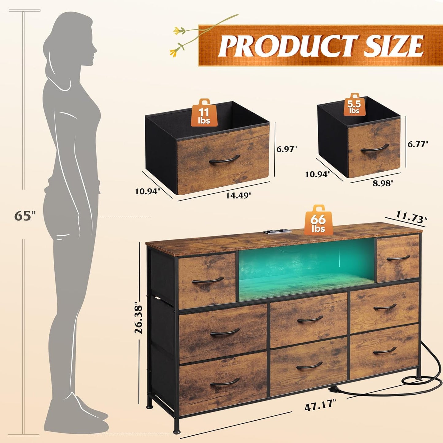 Dresser TV Stand for 45, 50, 55 Inch TV, Entertainment Center with LED Lights & Charging Station, Chest of Drawers with 8 Fabric Drawers and Open Shelves for Living Room, Hallway, Rustic Brown