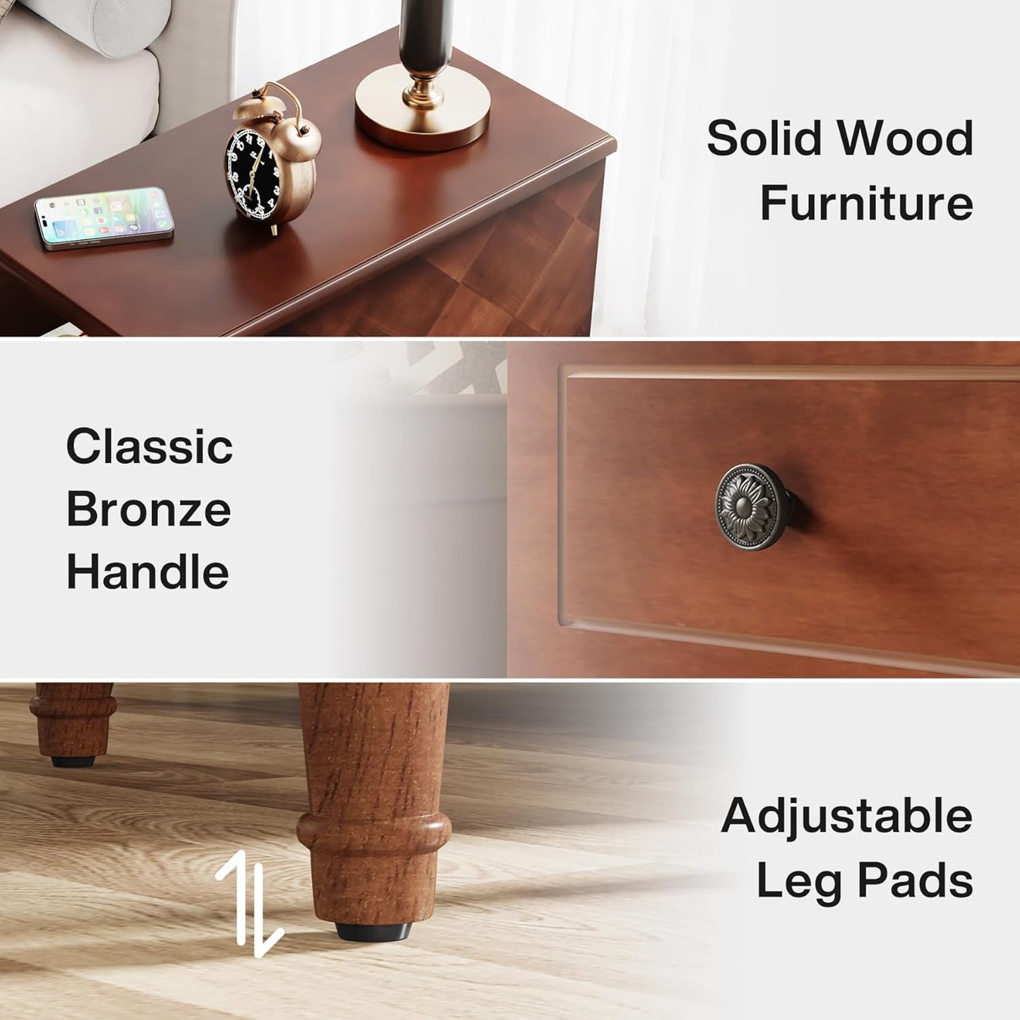 Fully Assembled End Table, Narrow Side Table with 3 Drawers, Pre-Assembled Nightstand Slim Bedside Table for Small Spaces, Living Room, Bedroom, Brown