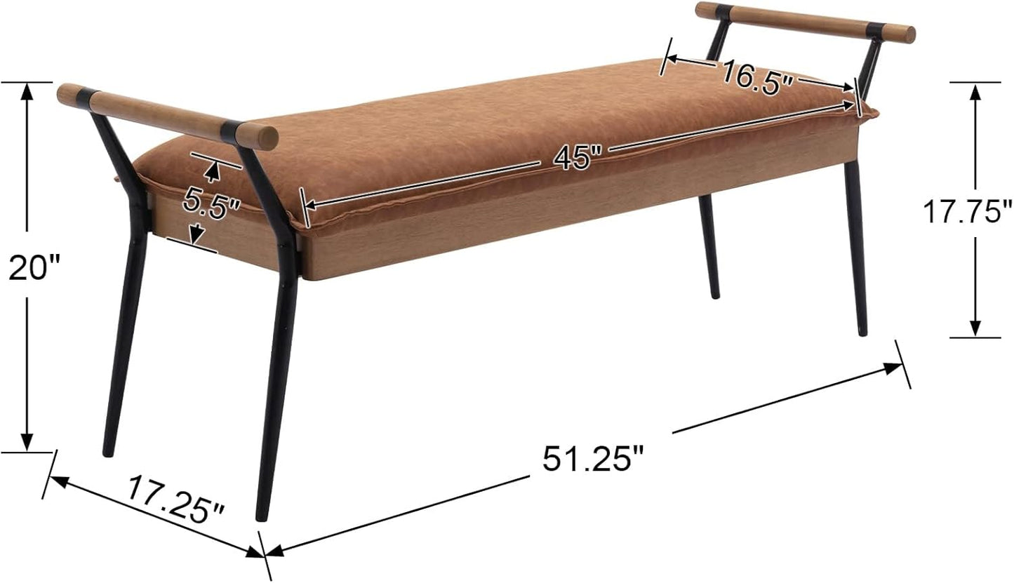 Modern Rectangle Ottoman Bench with Arms and Metal Legs, Mid Century PU Dining Table Bench Footstool Entryway Shoe Bench for Dining Room Bedroom Living Room, Brown