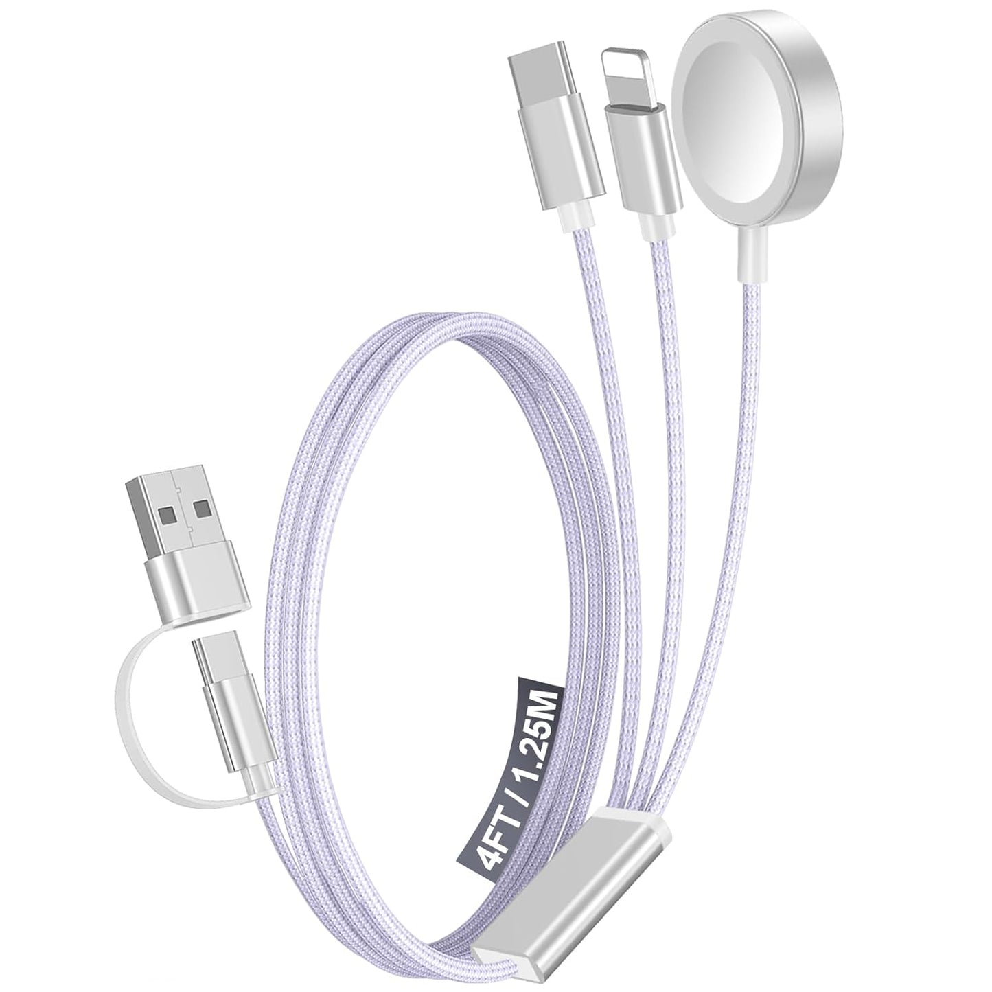 1Pack Multi Fast Charging Cable for Travel Vacation Essentials,Apple Watch Charger,Iphone Charger[3-In-2]Usb A/Type C/Lightning Cable for Iwatch,Iphone 16-11,Nintendo Switch,Airpods,Car,Camping-Purple