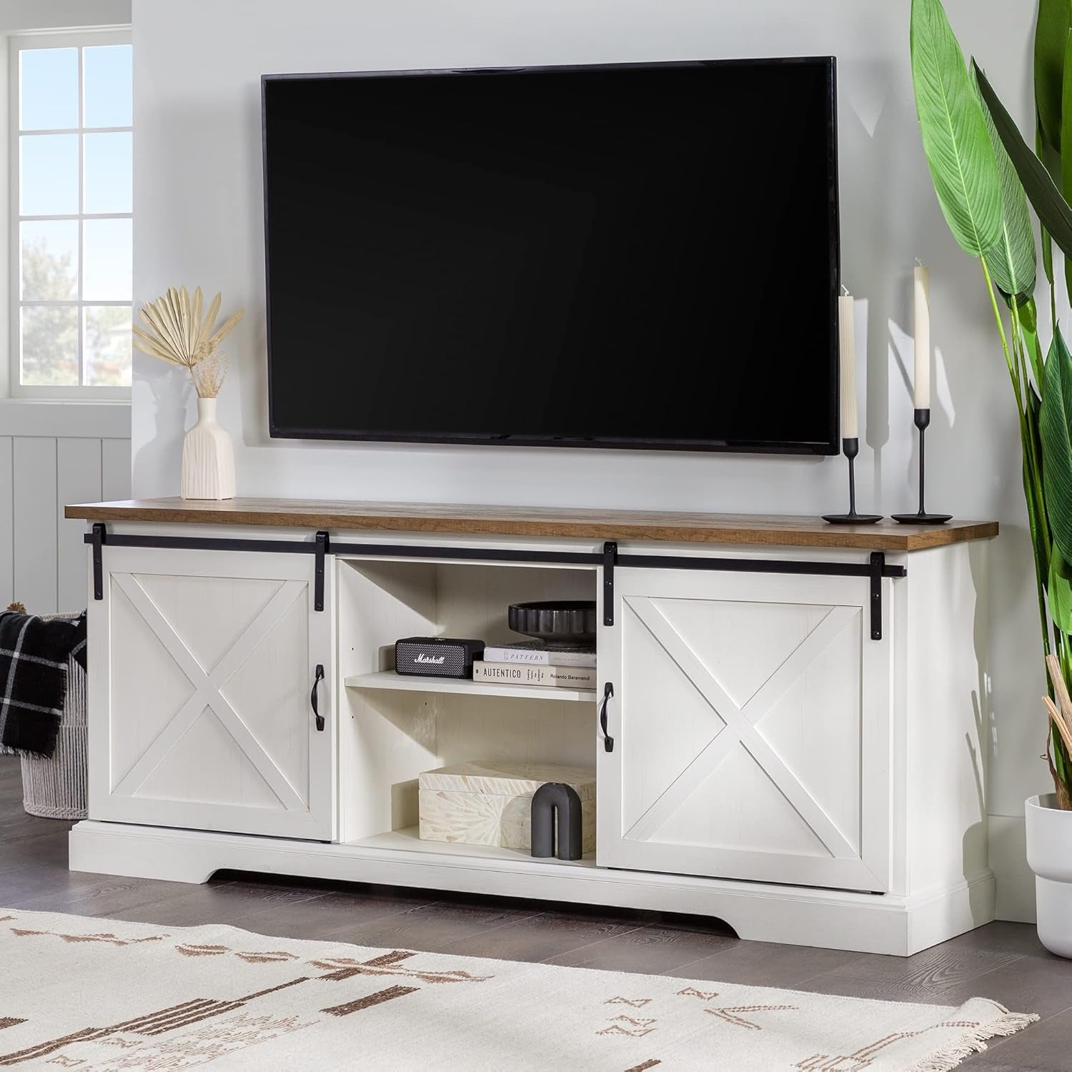 Corbin Modern Farmhouse Sliding X Barn Door TV Stand for Tvs up to 80 Inches, 70 Inch, Reclaimed Barnwood and Brushed White