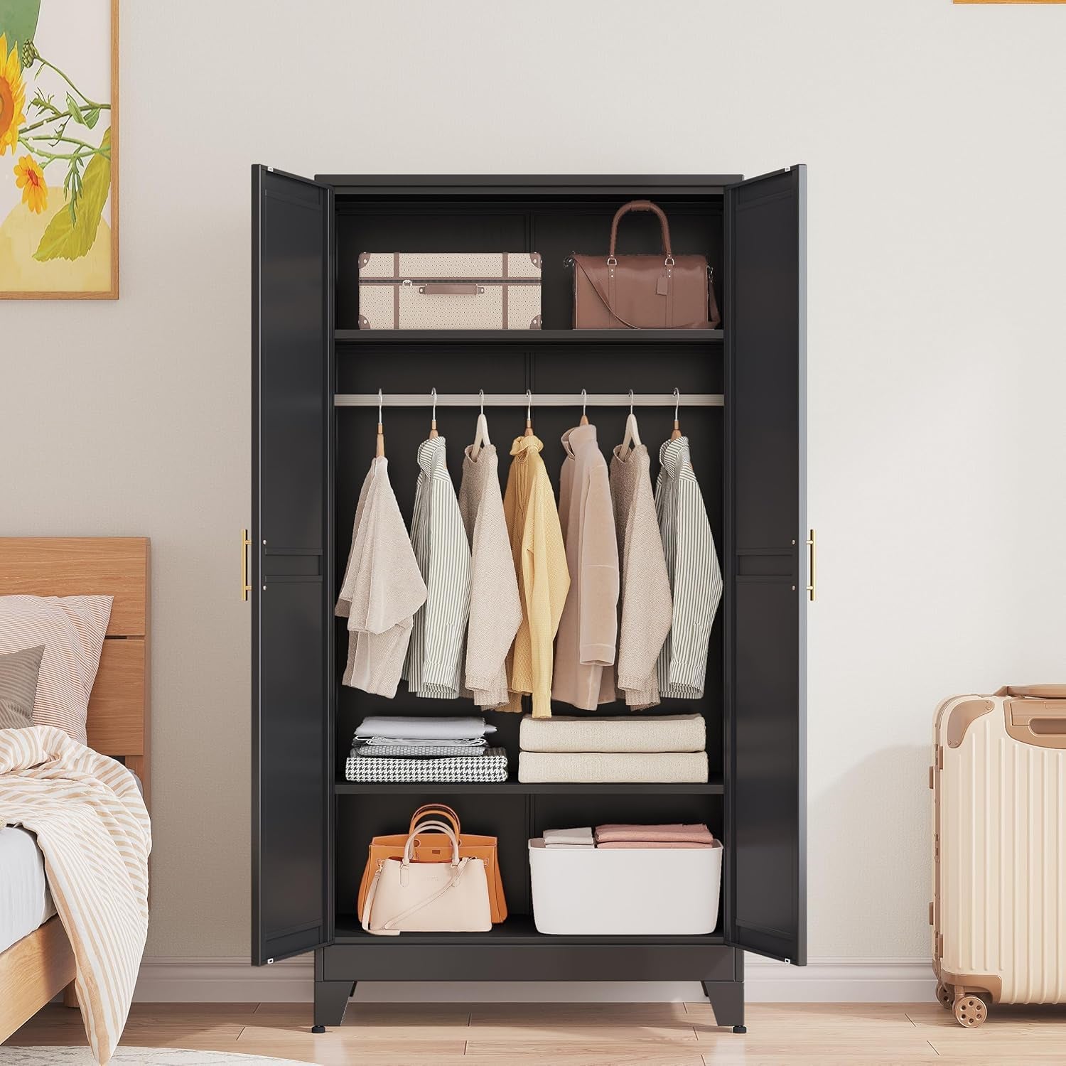 Metal Wardrobe Cabinet with Hanging Rod, 71" Metal Clothing Storage Cabinets with 2 Doors and Adjustable Shelves, Black Armoire Wardrobe Closet for Bedroom, Laundry Room, Cloak Room