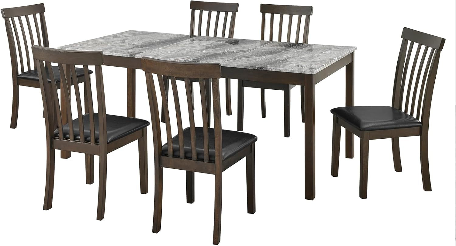 7-Piece Dining Table Set, 71" Faux Marble Modern Table with 6 PU Leather Upholstered Chairs, Heavy-Duty Solid Wood Set for Kitchen & Dining Room, Dark Brown