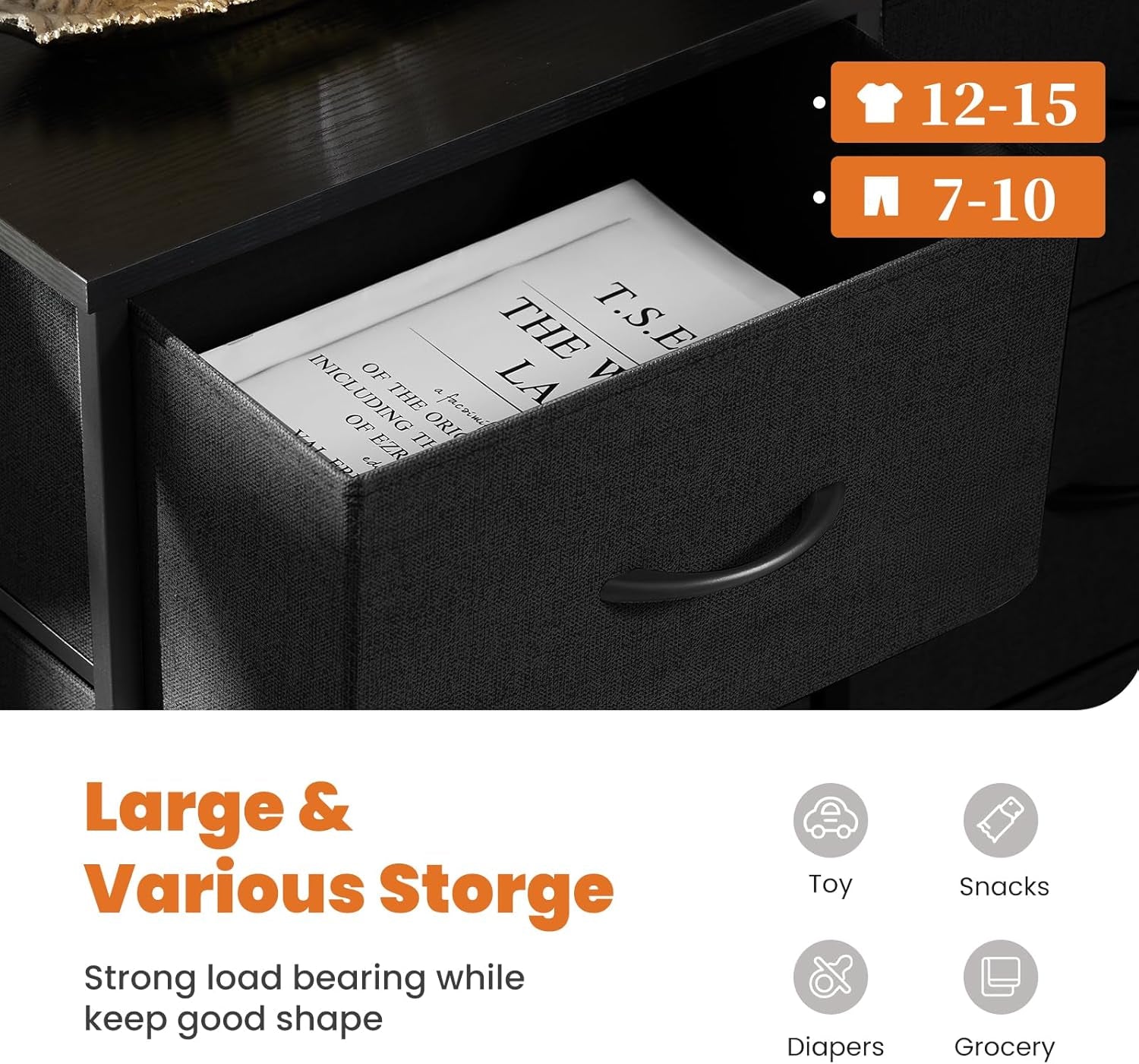 Dresser, Dresser for Bedroom Drawer Organizer Storage Drawers, Fabric Storage Tower with 8 Drawers, Chest of Drawers with Steel Frame, Wood Top for Nursery, Living Room, Closet