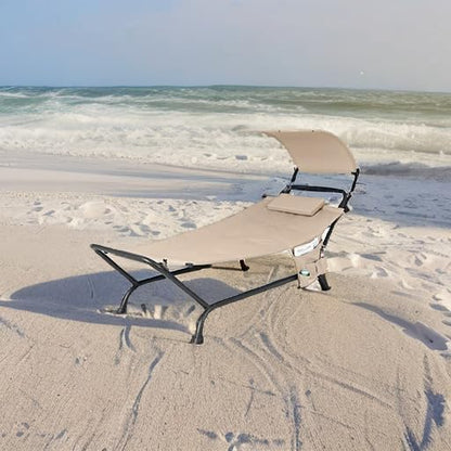 Hanging Hammock with Stand, Patio Hanging Chaise Lounge Chair W/Canopy, Cushion, Pillow & Storage Bag, Heavy Duty Swing Hammock Bed for Garden Lawn Backyard Patio Poolside Porch (Beige)