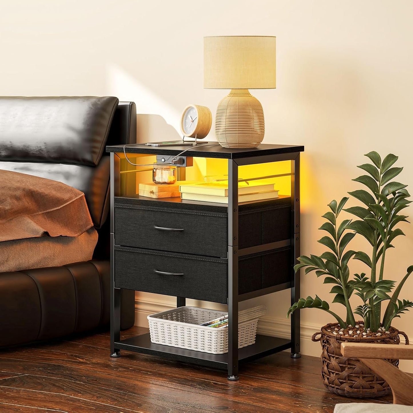 Night Stand with Charging Station, End Table for Bedroom Tall Nightstand with Drawers, Small Nightstand for Bedroom, 4 Tier Storage Bedside Table, Black