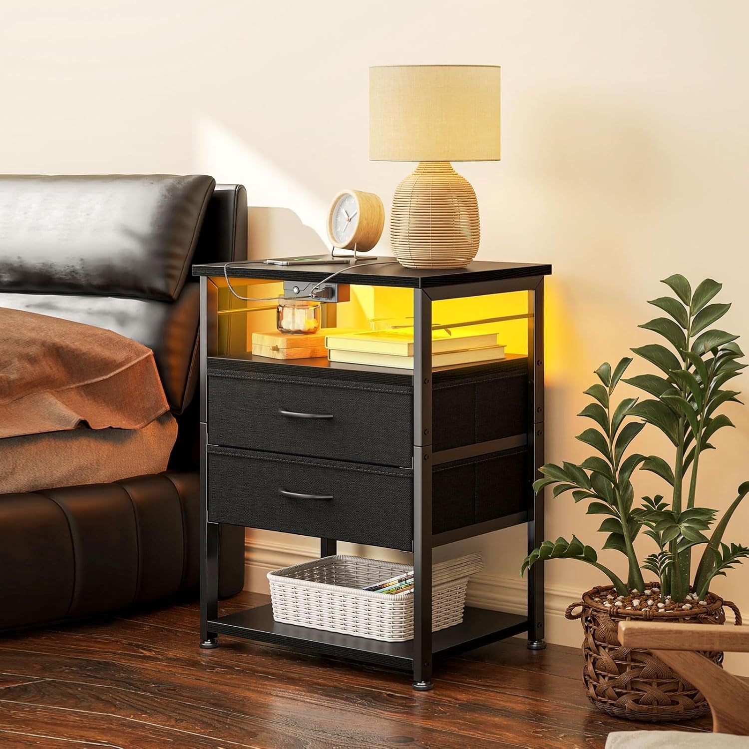Night Stand with Charging Station, End Table for Bedroom Tall Nightstand with Drawers, Small Nightstand for Bedroom, 4 Tier Storage Bedside Table, Black