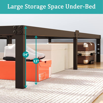 Platform Bed Frame Queen Size with Storage Headboard Compatible 14 Inch High Metal No Box Spring Needed Black Mattress Foundation Heavy Duty Steel Slat