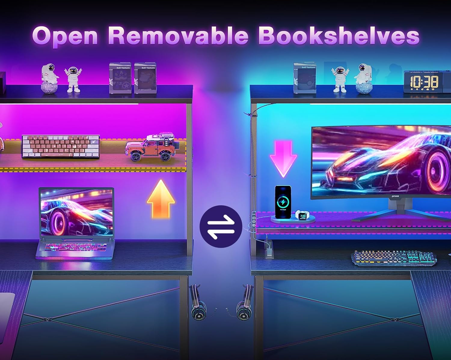 53 Inch L Shaped Desk with LED Lighting, Reversible Gaming Desk with Power Outlets, Cornor Computer Table with Storage Shelves & Bag & Iron Hook, Home Office Table for Writing, Study, Black