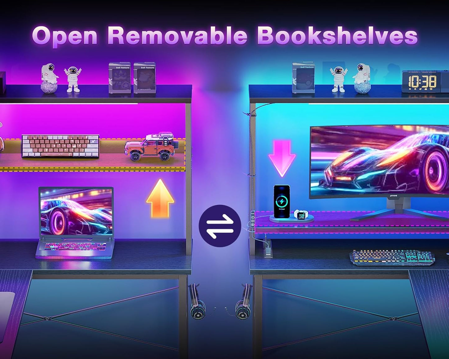 53 Inch L Shaped Desk with LED Lighting, Reversible Gaming Desk with Power Outlets, Cornor Computer Table with Storage Shelves & Bag & Iron Hook, Home Office Table for Writing, Study, Black