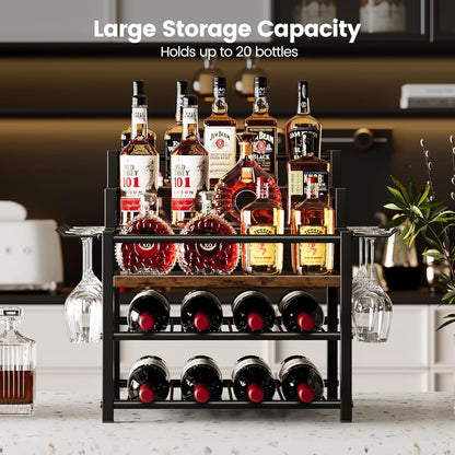 5-Tier Liquor Bottle Display Shelf, Holds up to 20 Bottles, Countertop Wine Racks with 6 Wine Glass Holders, Mini Wine Bar Cabinet for Home, All in One Coffee Syrup Whiskey Organizer