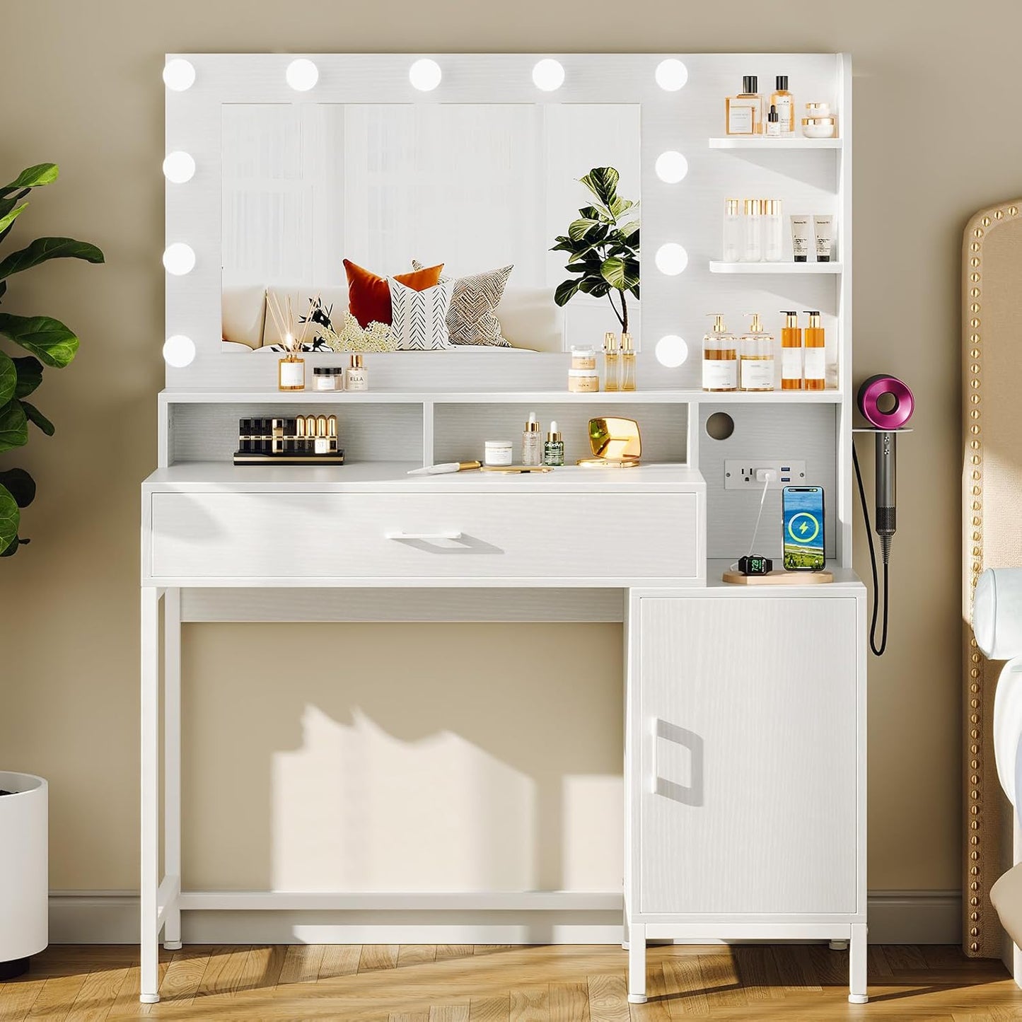 Vanity Desk with Mirror and Lights, Makeup Vanity with Storage Drawer, Power Outlet and Large Cabinet for Bedroom - White