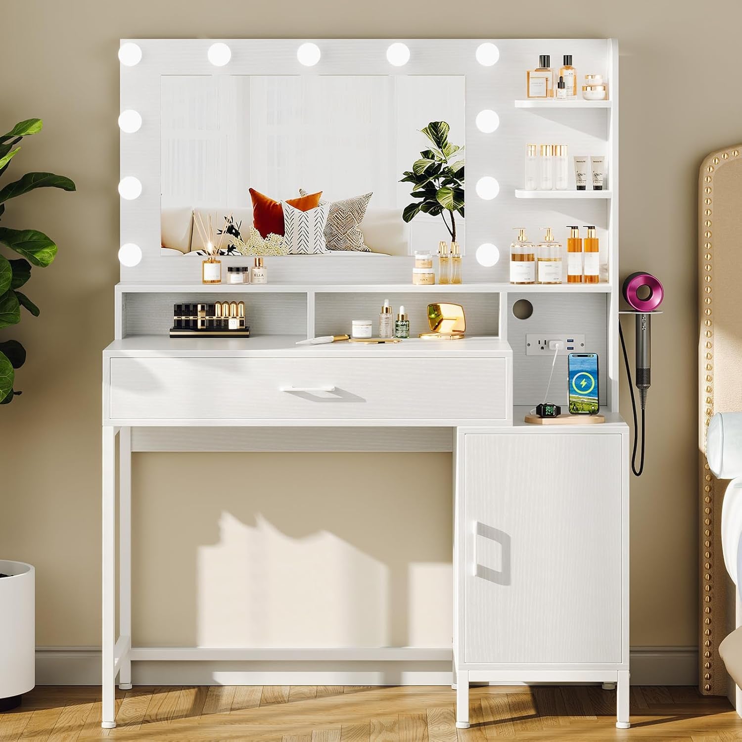 Vanity Desk with Mirror and Lights, Makeup Vanity with Storage Drawer, Power Outlet and Large Cabinet for Bedroom - White