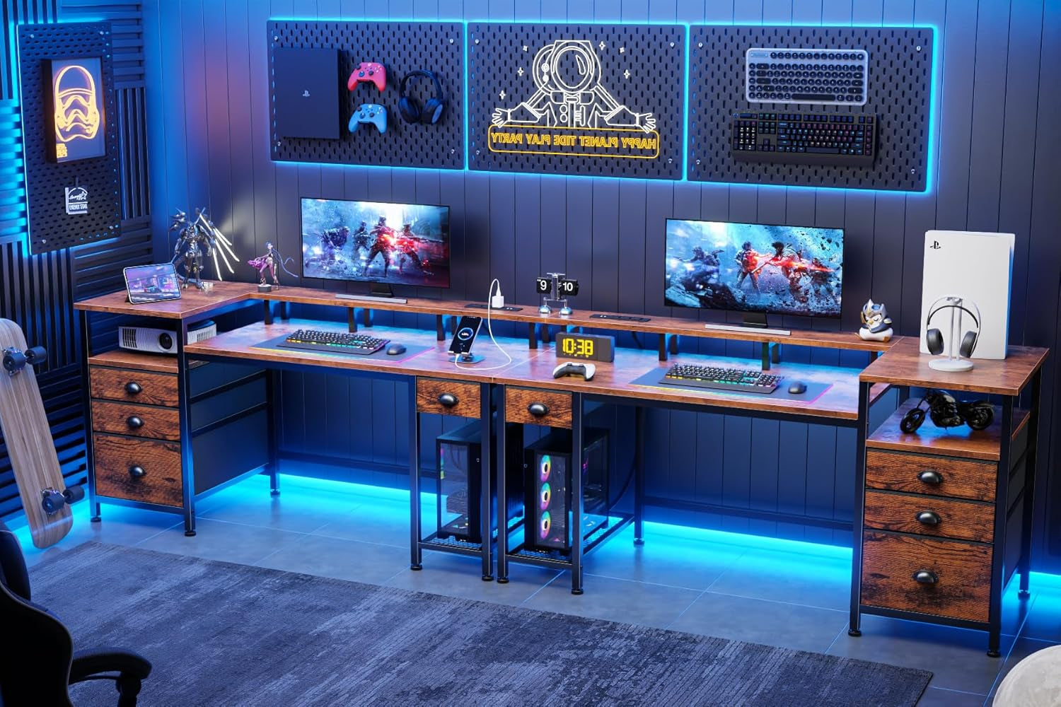 60" Computer Desk with File Cabinet and Storage Shelves, Reversible Home Office Desk with LED Lights, Full Monitor Stand, Power Outlets, Study Gaming Table with 4 Drawers, Rustic Brown