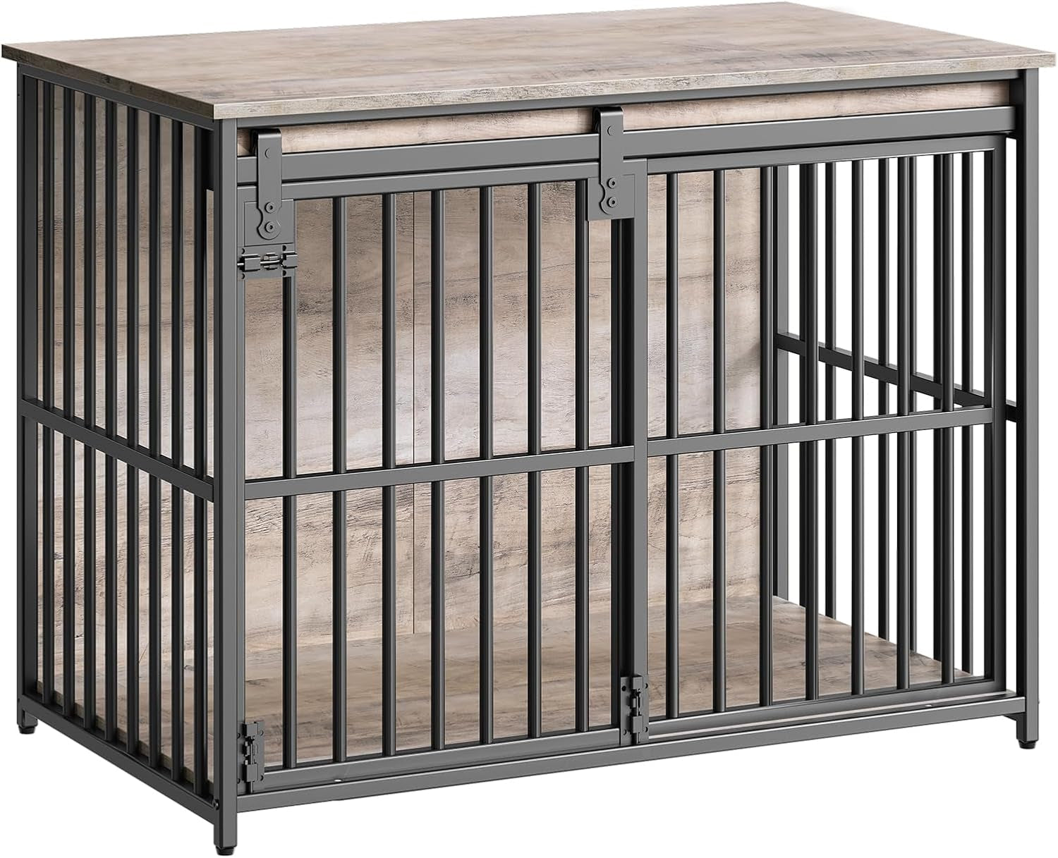 Dog Crate Furniture, 36.6" Heavy Duty Dog Kennel with Sliding Barn Door, Wooden Dog Cage Indoor, Decorative Side End Table for Small/Medium Dogs, Greige and Black GY162GW03G1