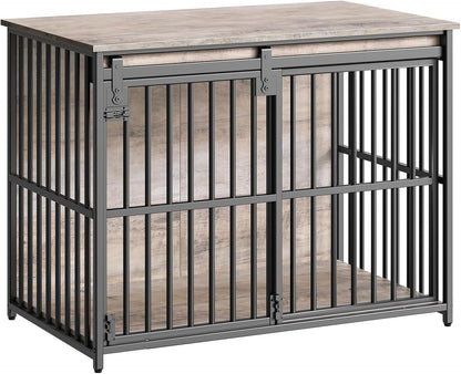 Dog Crate Furniture, 36.6" Heavy Duty Dog Kennel with Sliding Barn Door, Wooden Dog Cage Indoor, Decorative Side End Table for Small/Medium Dogs, Greige and Black GY162GW03G1