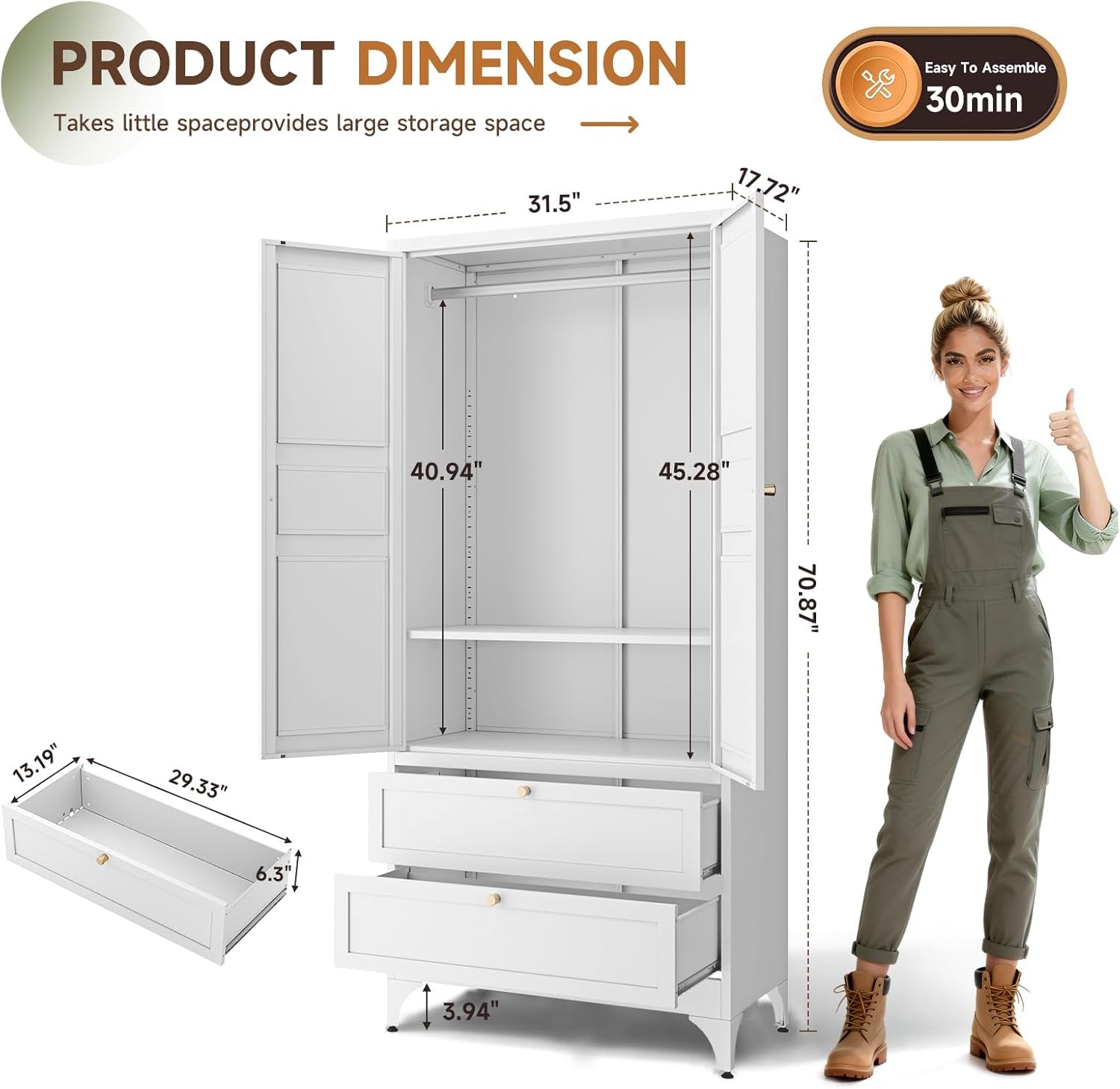 Metal Armoire Wardrobe Closet with 2 Drawers,18" Deep Clothing Storage Cabinet with Doors and Shelves,Coat Closet with Hanging Rod,Bedroom,Home,Cloak Room,White