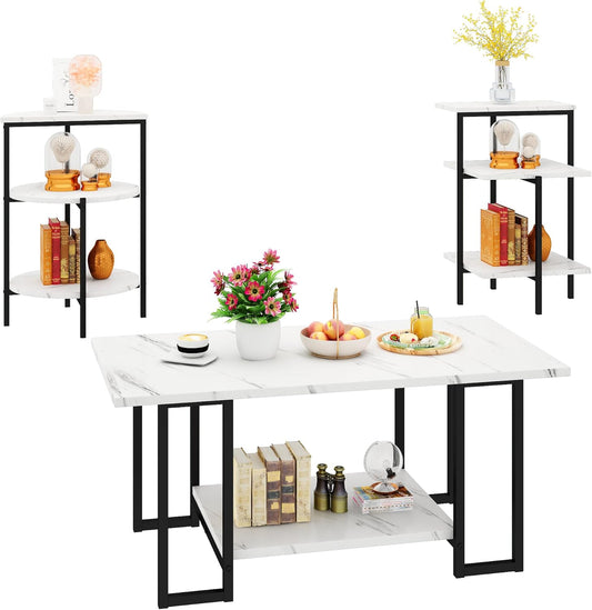 Coffee Table Set of 3 Coffee Table and End Table Sets, Modern Living Room Table Set with Metal Frame for Apartment Home Office White & Black