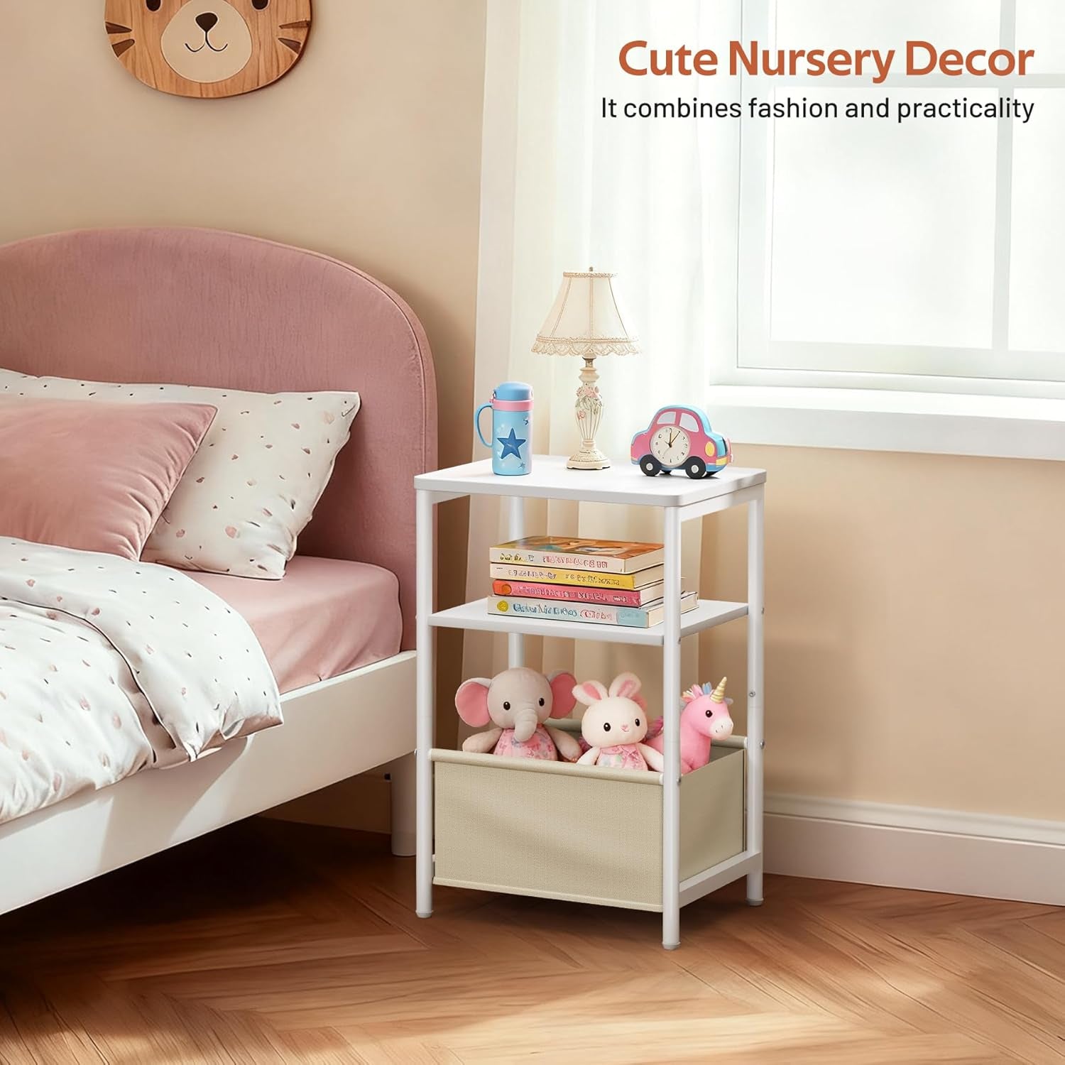 Nursery Side Table for Living Room with Large Storage Tabletop Small End Tables for Small Spaces with Fabric Basket White Bedside Table Toddler Night Stand for Bedroom, Sofa, Dorm, Office