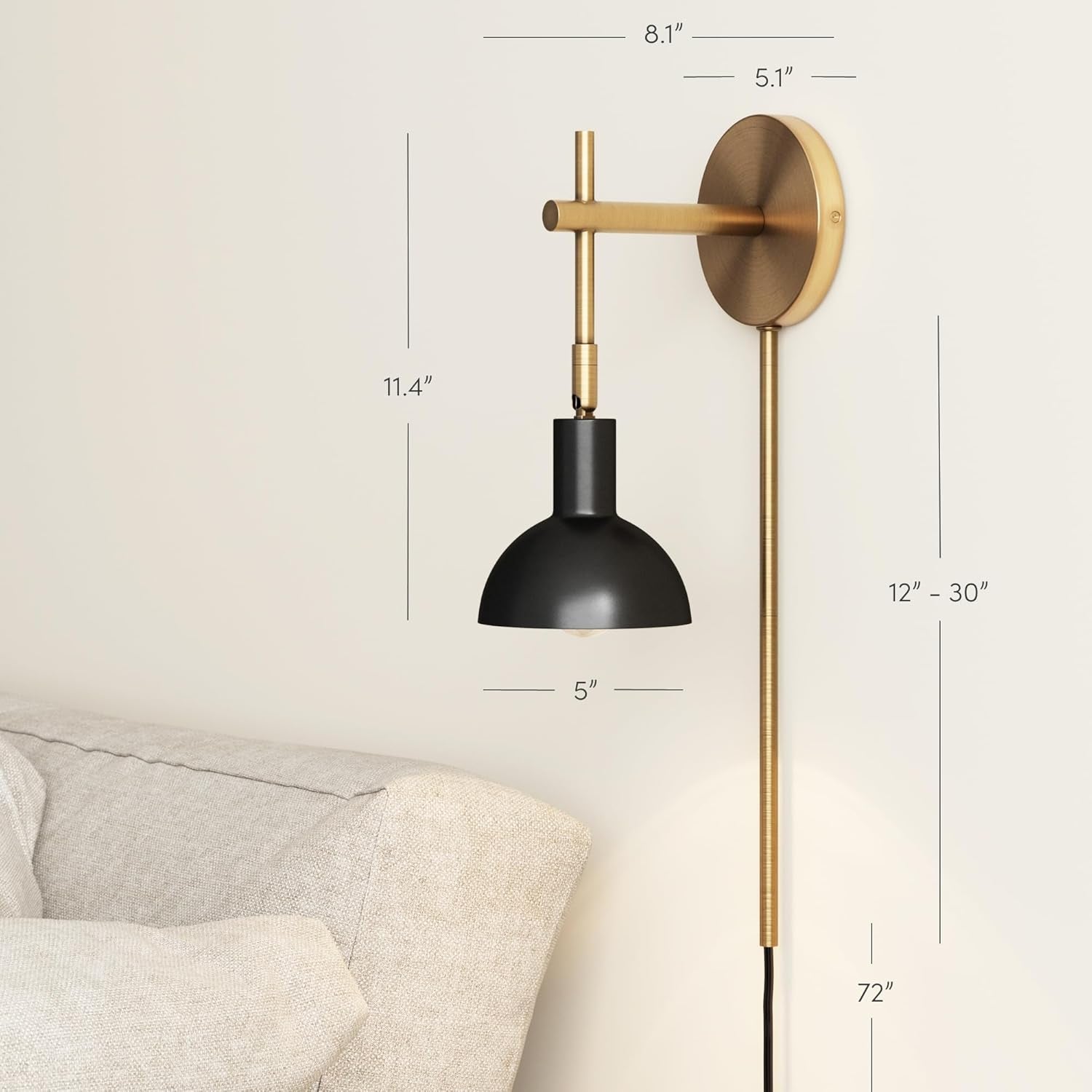 Tamlin Wall Light Fixture, Wall Mounted 1-Light Lamp, Plugin Sconce with On/Off Switch for Living Room, Reading Nook or Bedroom, Vintage Brass/Matte Black