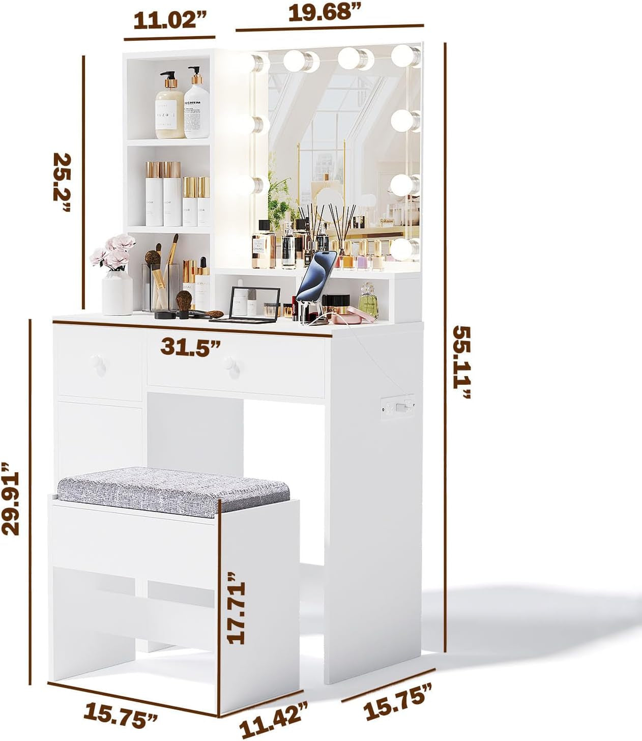 Vanity Desk with Mirror and Lights & Power Outlet, 31.5" Small Makeup Vanity Table with 4 Drawers and Stool for Bedroom, White