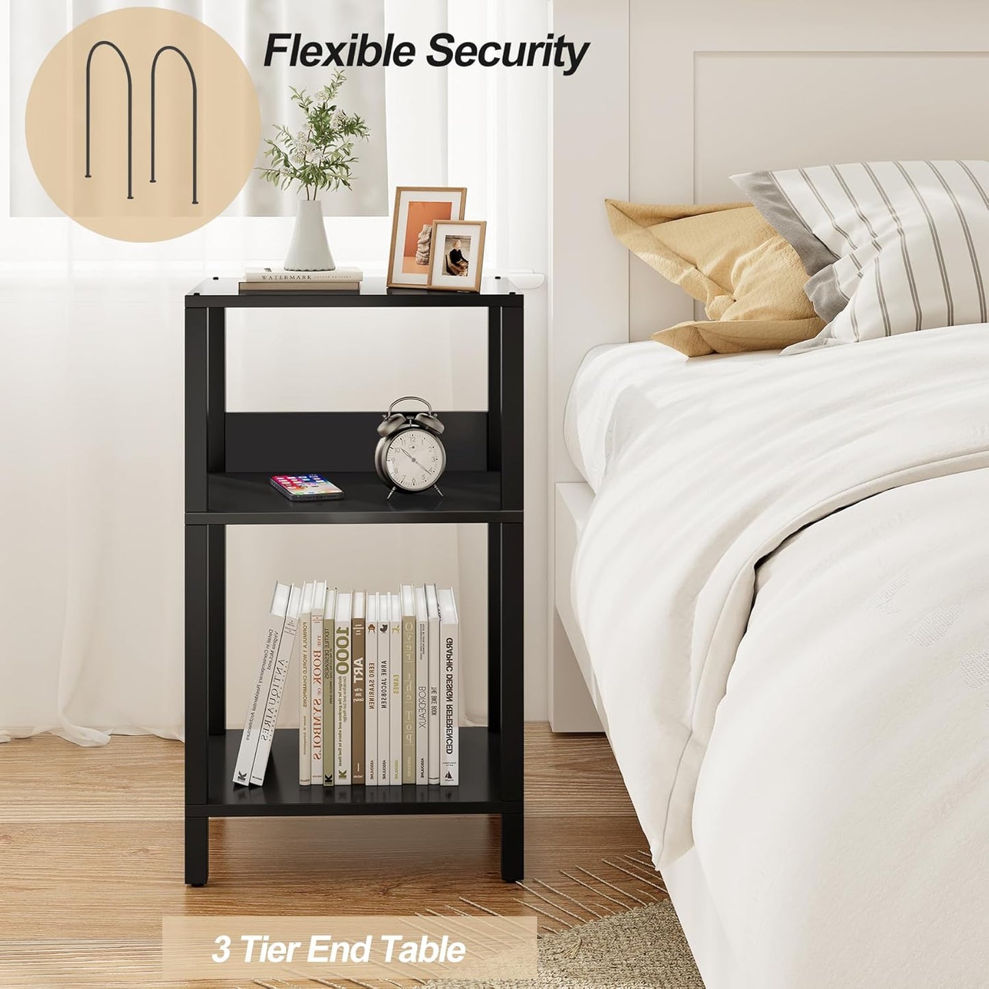 Record Player Stand with Storage up to 100 Albums,Record Storage Table,3 Tier End Table,Side Table for Living Room, Bedroom, Black TB01BK075