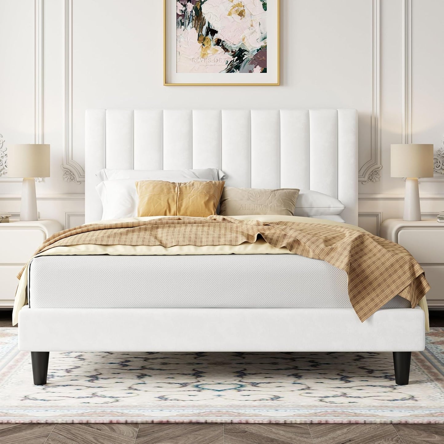 Full Bed Frame/Velvet Upholstered Bed Frame with Vertical Channel Tufted Headboard/Strong Wooden Slats/Platform Bed Frame/Mattress Foundation/Box Spring Optional/Easy Assembly/White