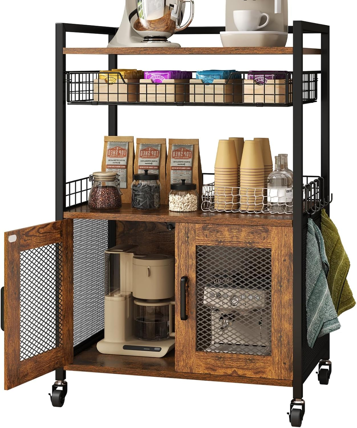 Coffee Bar Cabinet, 3 Tier Coffee Station Table on Wheels, 35.9" H Bar Cart with Wire Basket Drawer & 5 Hooks for Home Kitchen, Liquor Buffet Sideboard Cabinet (Rustic Brown)