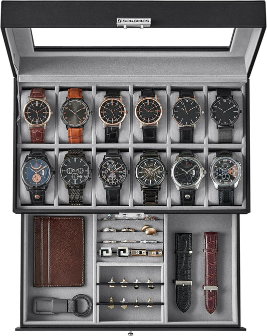 Watch Box, 12-Slot Watch Case Organizer with Large Glass Lid, 2 Layers, Removable Pillows, Metal Lock, Gift for Loved Ones, Black Synthetic Leather, Gray Lining UJWB012