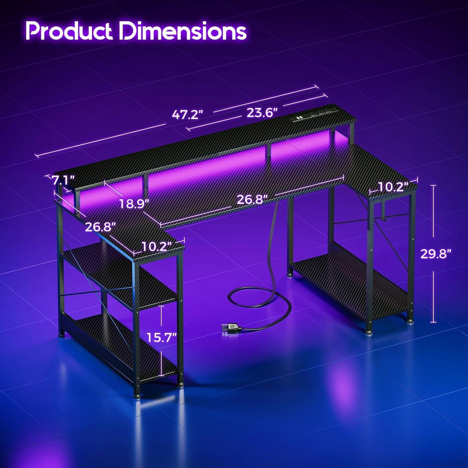 48 Inch Gaming Desk with LED Lights and Power Outlet, U-Shaped Computer Desk with Monitor Stand and Storage Shelves, PC Gamer Table for Home Office, Carbon Fiber Black